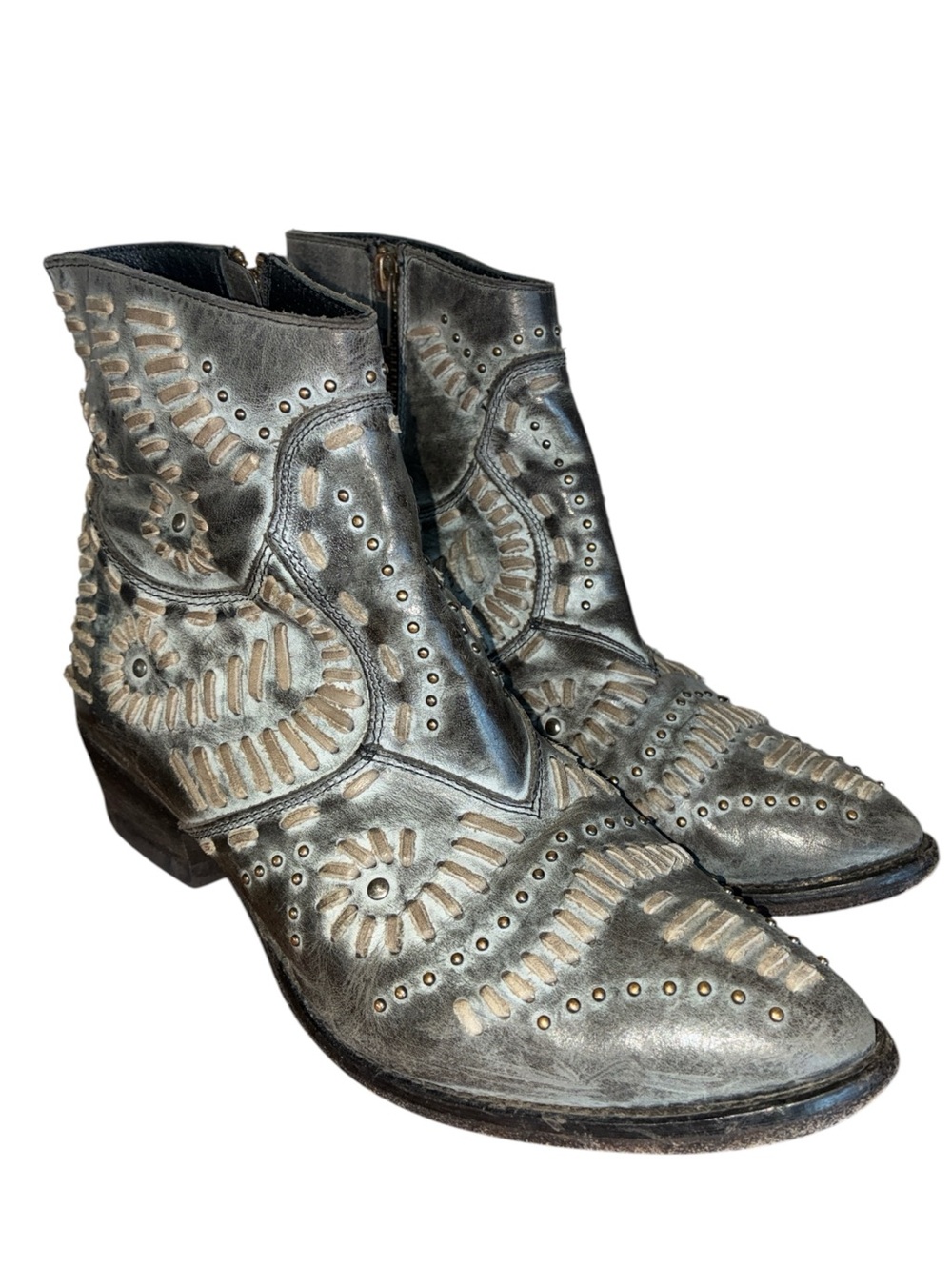 Matisse Ankle Boots Women's 9, Gray Studded Western Lacing, zipper, "Fiesta" euc